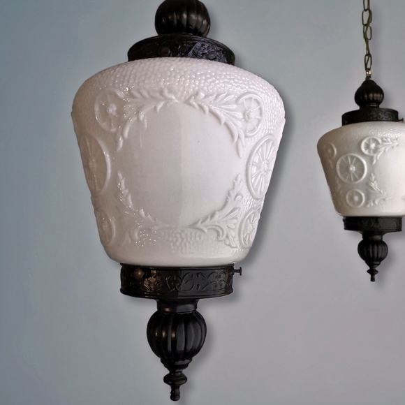 *SOLD*Antique embossed Milk Glass Hanging Swag Light Fixtures Victorian Old West - Picture 4 of 10